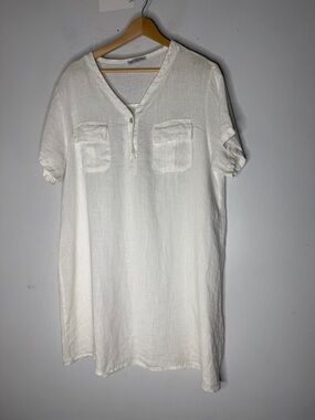 New Collection White Linen Short Sleeve V Neck Dress See Measurements